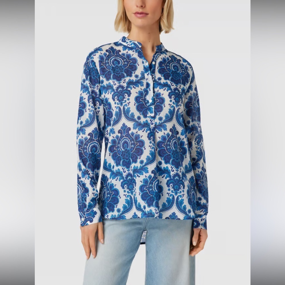 0039 Italy Blue Floral Print Cotton Tunic Blouse cotton Pearl buttons Small $175